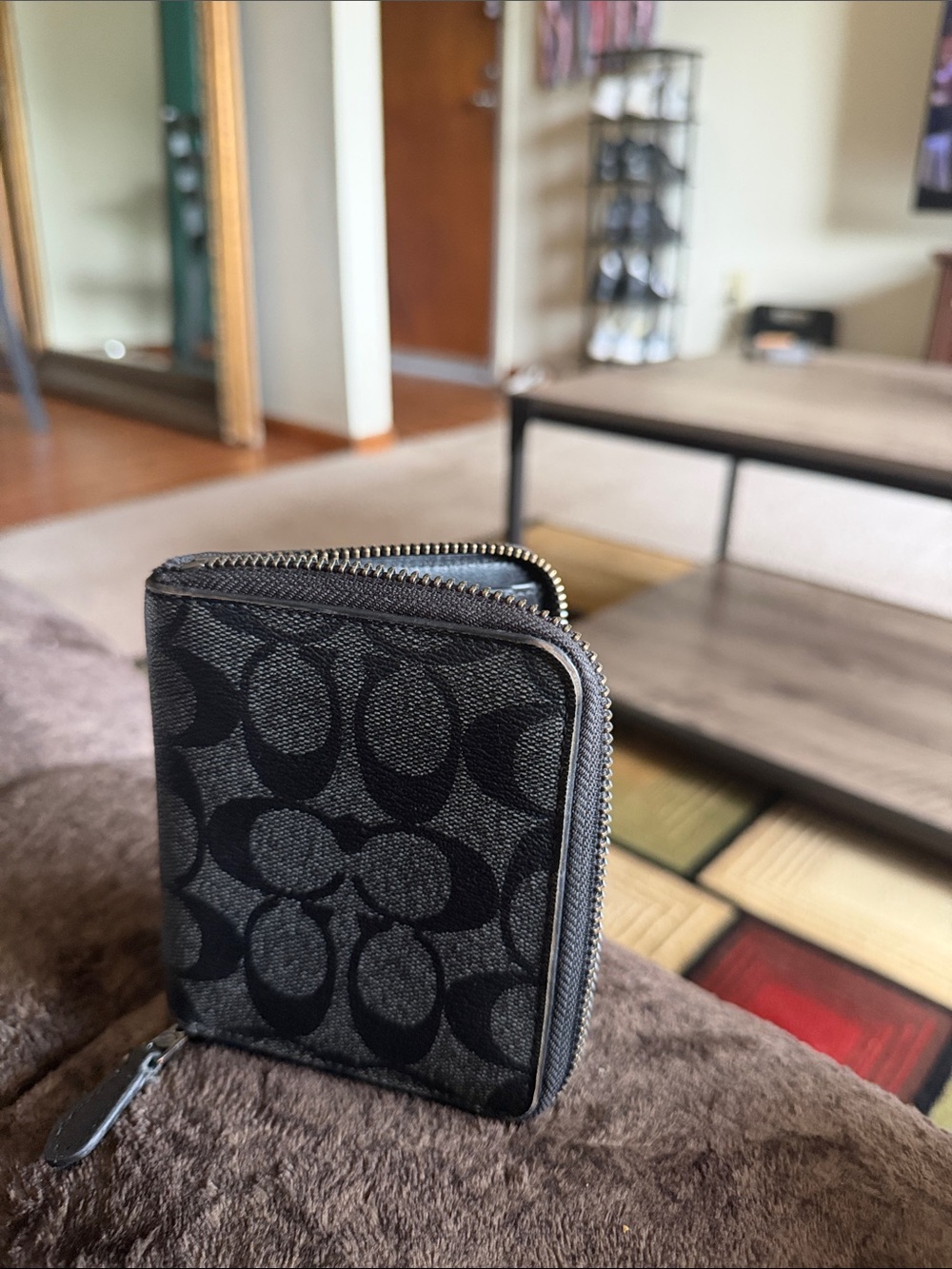 Coach Black and Charcoal Signature Zip Wallet